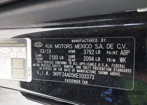 2019 Kia Forte Lxs из США, поврежденный, VIN 3KPF24AD5KE103373